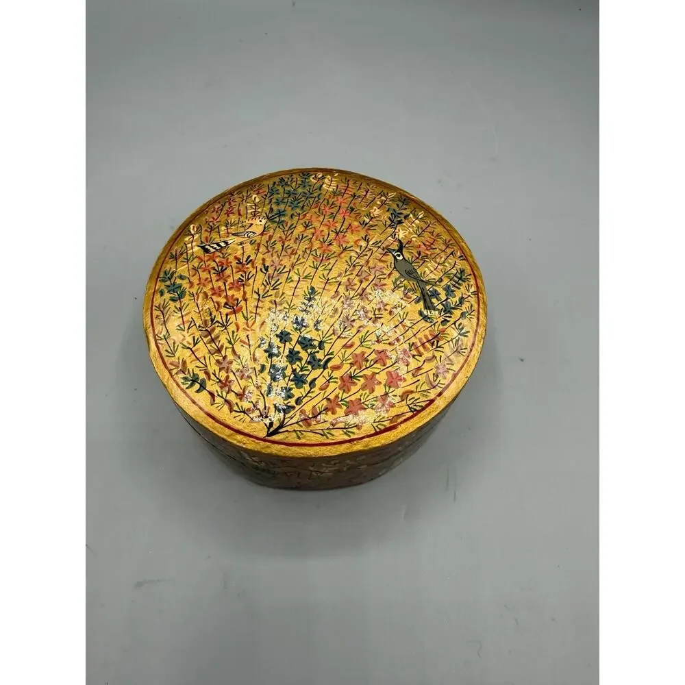 Hand Painted Floral Bird Trinket Box Gold Round Papier Mache Kashmir Style